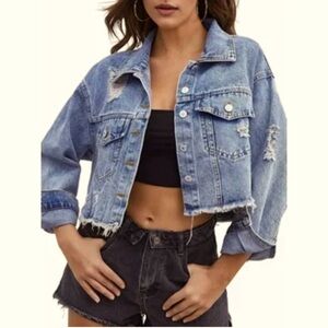 Umgee Distressed Oversized Cropped Blue Denim Jacket